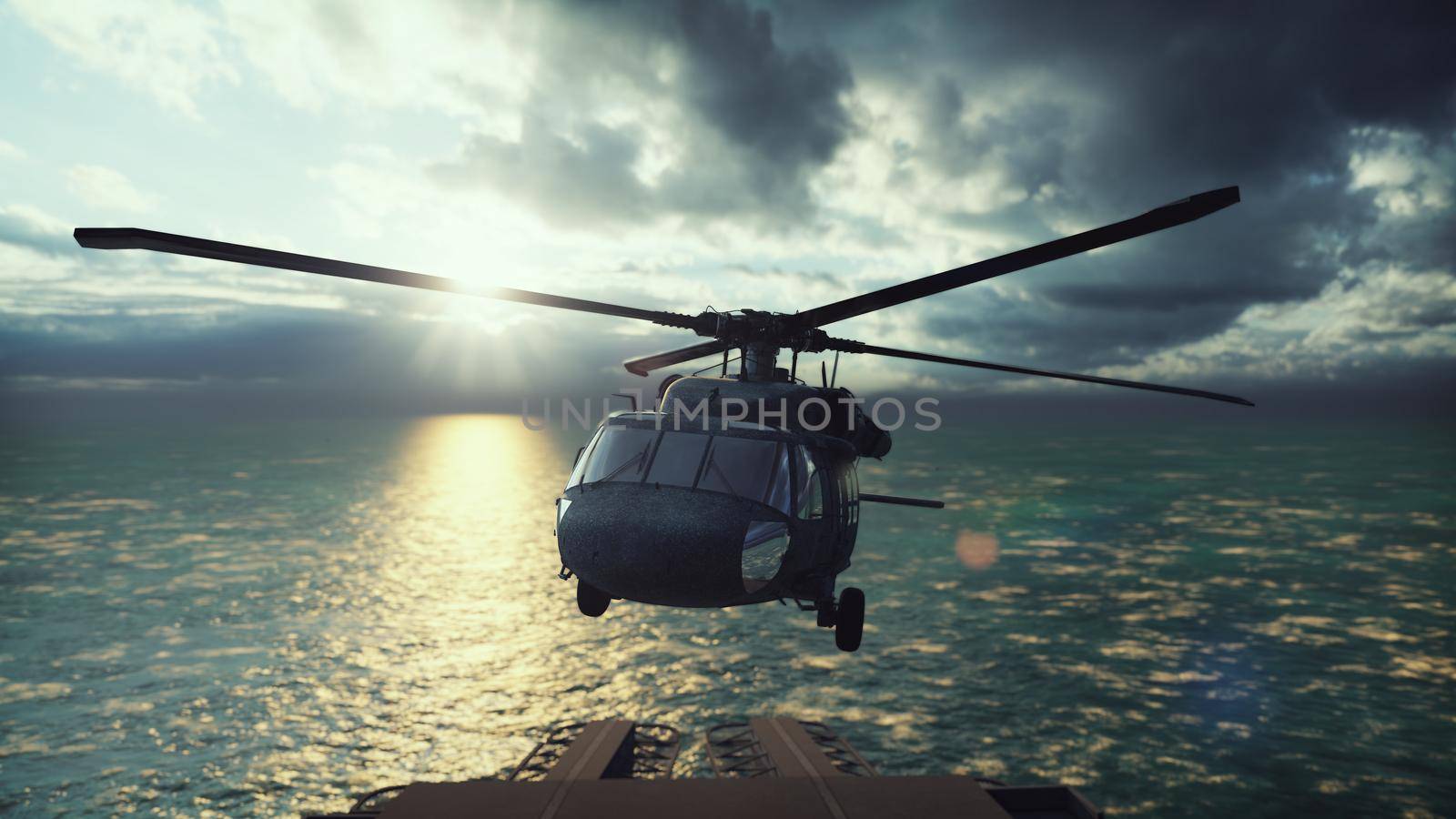 Military helicopter Blackhawk lands on an aircraft carrier in the endless blue ocean.