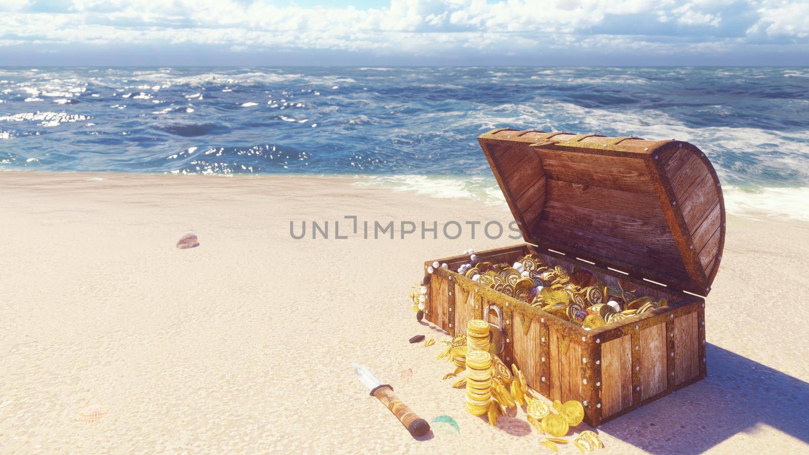 An open wooden pirate chest filled with gold coins and diamonds lies on the shore of a lost tropical island. 3D Rendering by designprojects