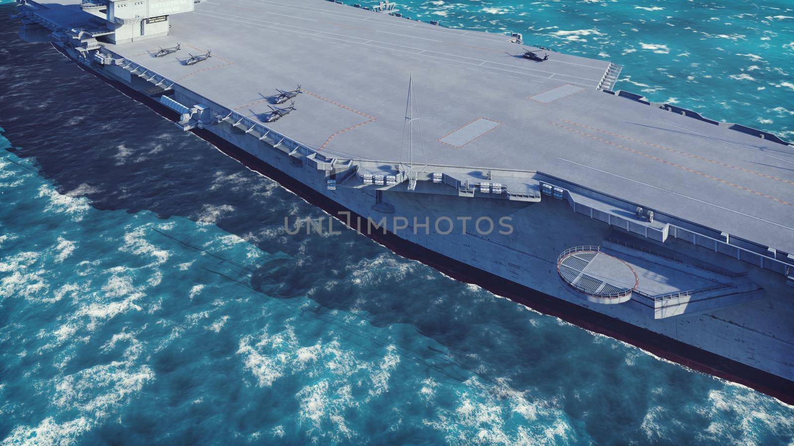 Aircraft carrier with planes and helicopters in the middle of the vast ocean. 3D Rendering by designprojects