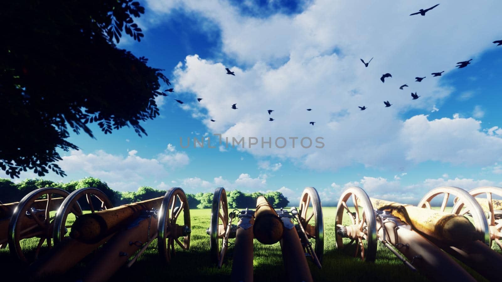 Medieval Cannon in a field in the middle of green grass at sunrise before the battle. 3D Rendering by designprojects