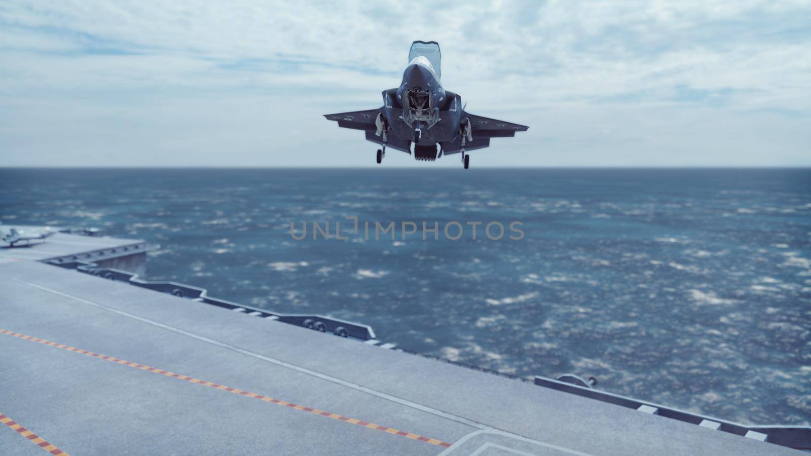 F-35 fighter takes off vertically from the aircraft carrier. 3D Rendering by designprojects