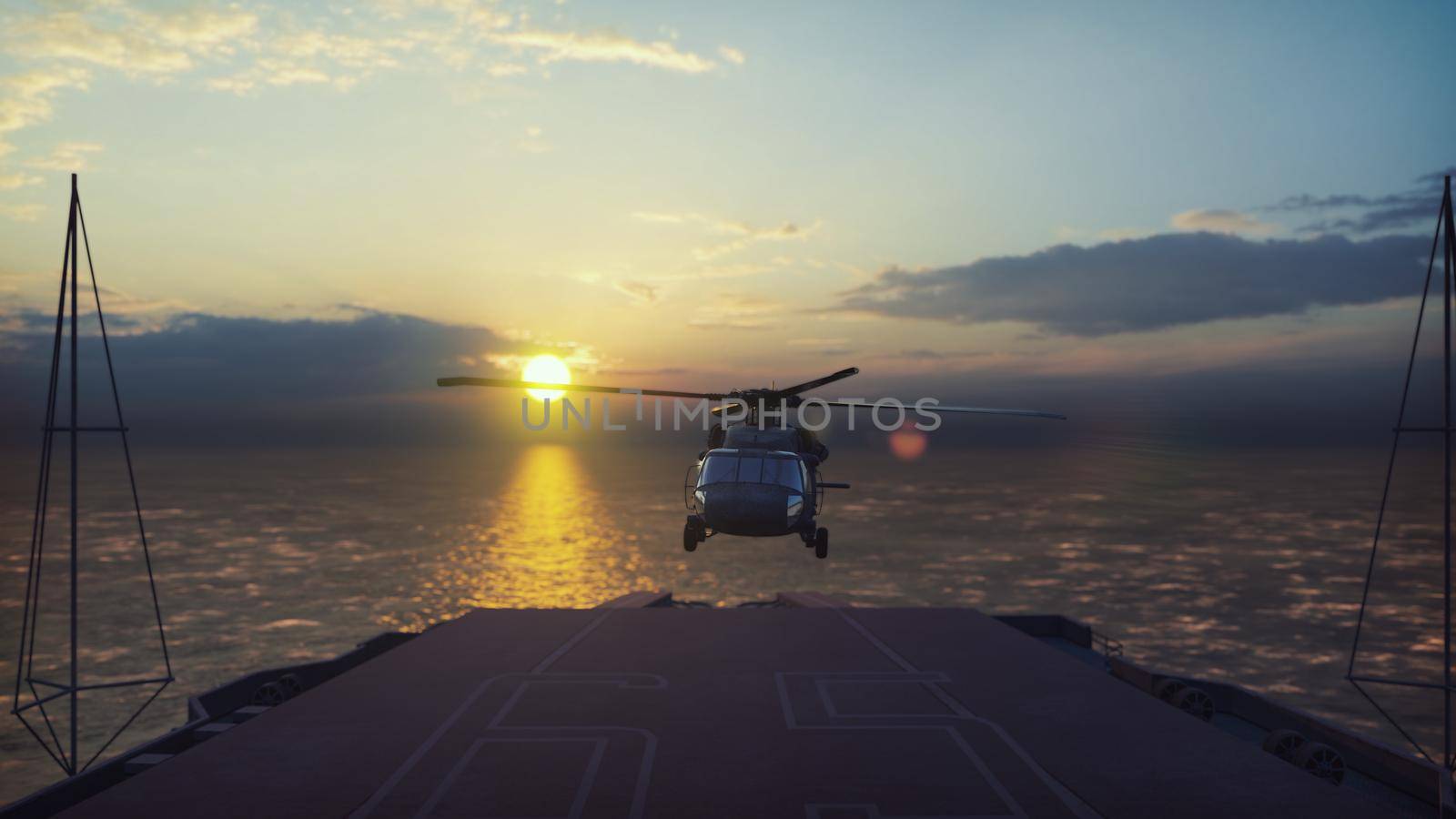 Military helicopter Blackhawk lands on an aircraft carrier in the endless blue ocean.