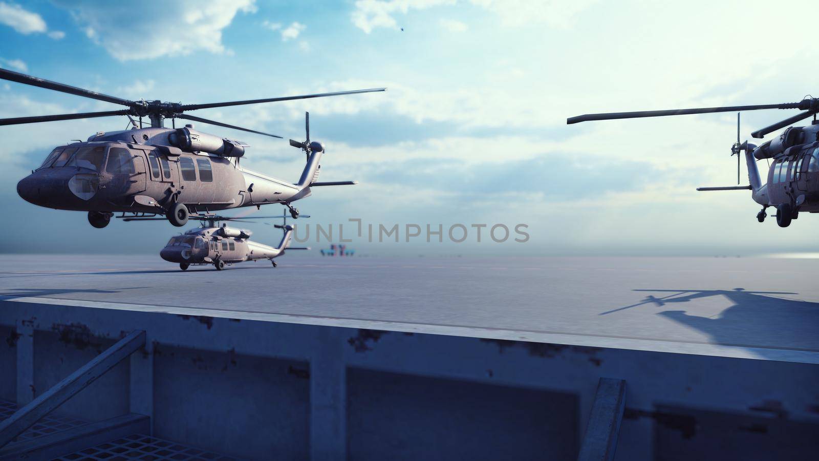 Military helicopters Blackhawk take off from an aircraft carrier at clear day in the endless blue sea. 3D Rendering by designprojects