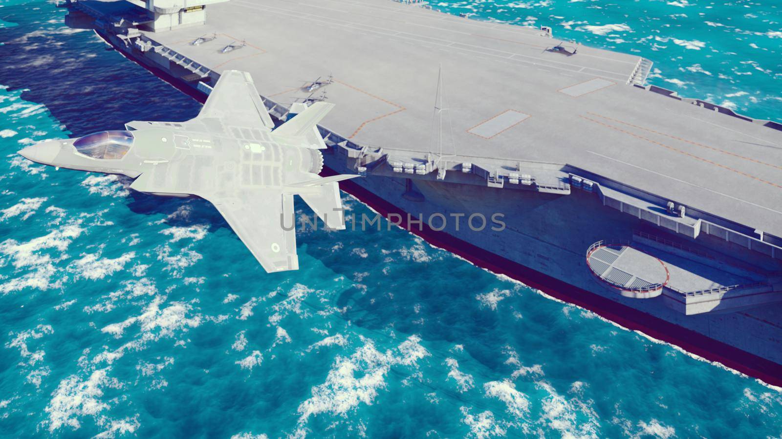 F-35 fighter takes off vertically from the aircraft carrier. 3D Rendering by designprojects