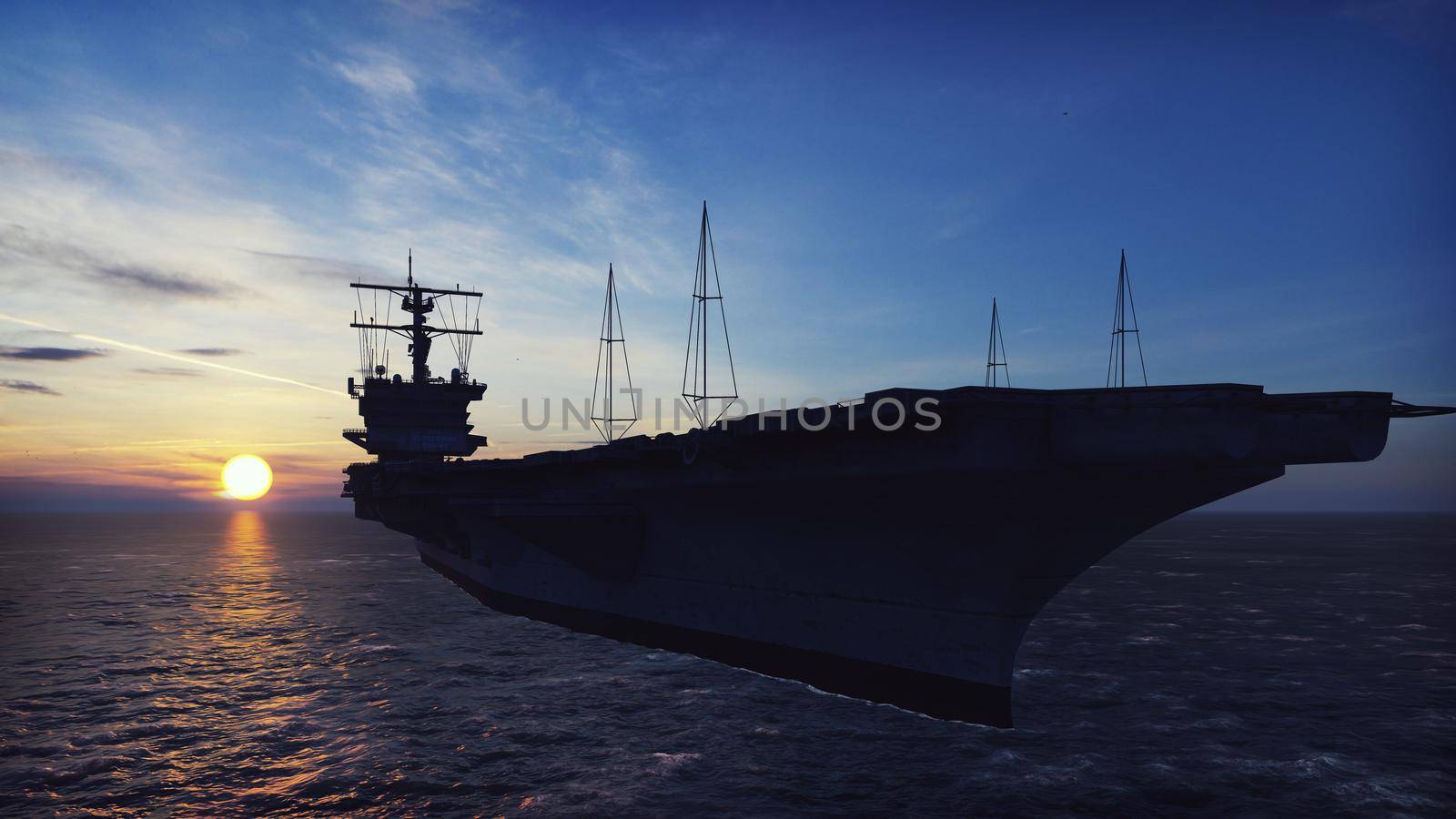 Military helicopters Blackhawk take off from an aircraft carrier at sunrise in the endless sea. 3D Rendering by designprojects