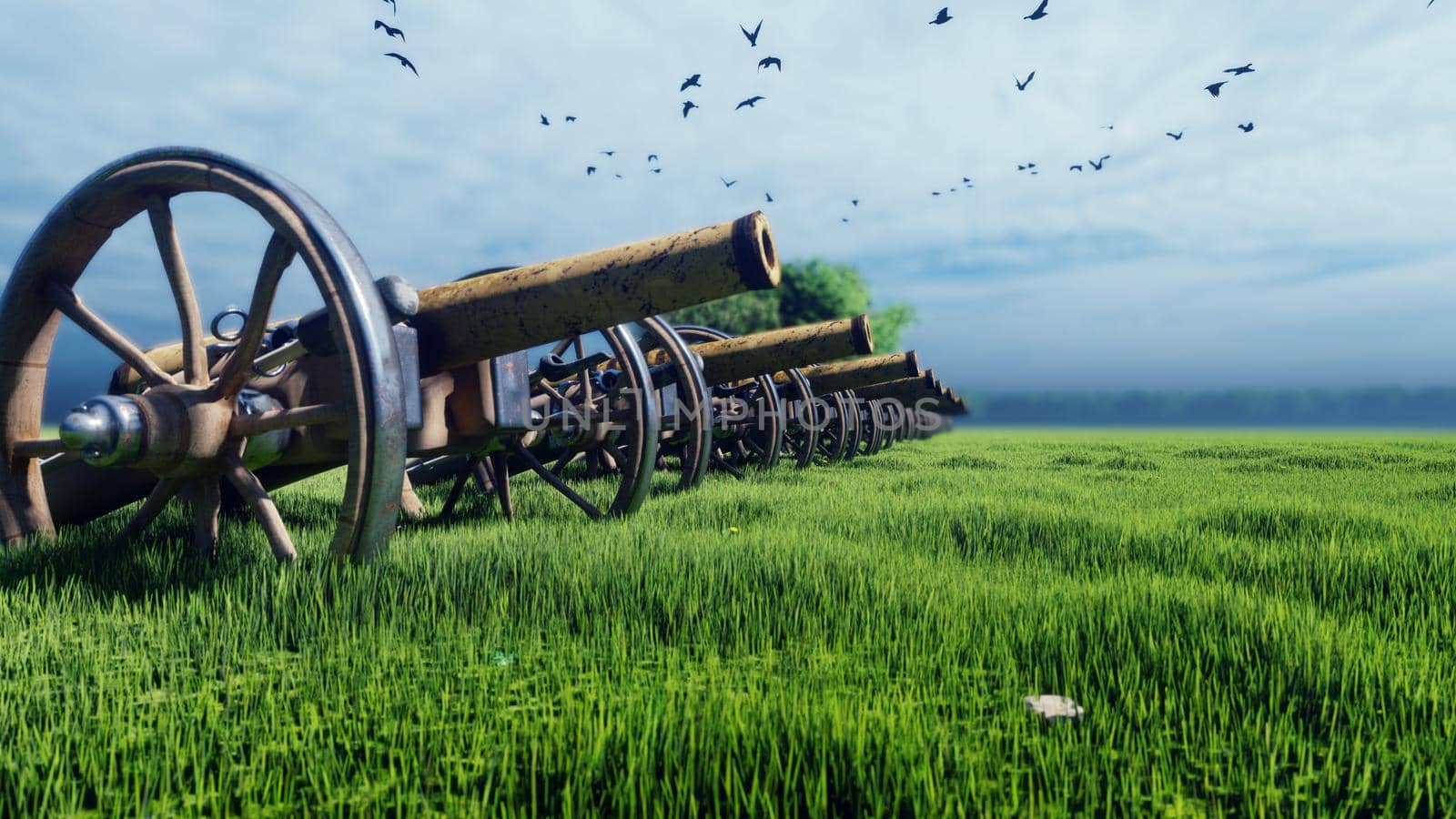 Medieval Cannon in a field in the middle of green grass at sunrise before the battle. 3D Rendering by designprojects