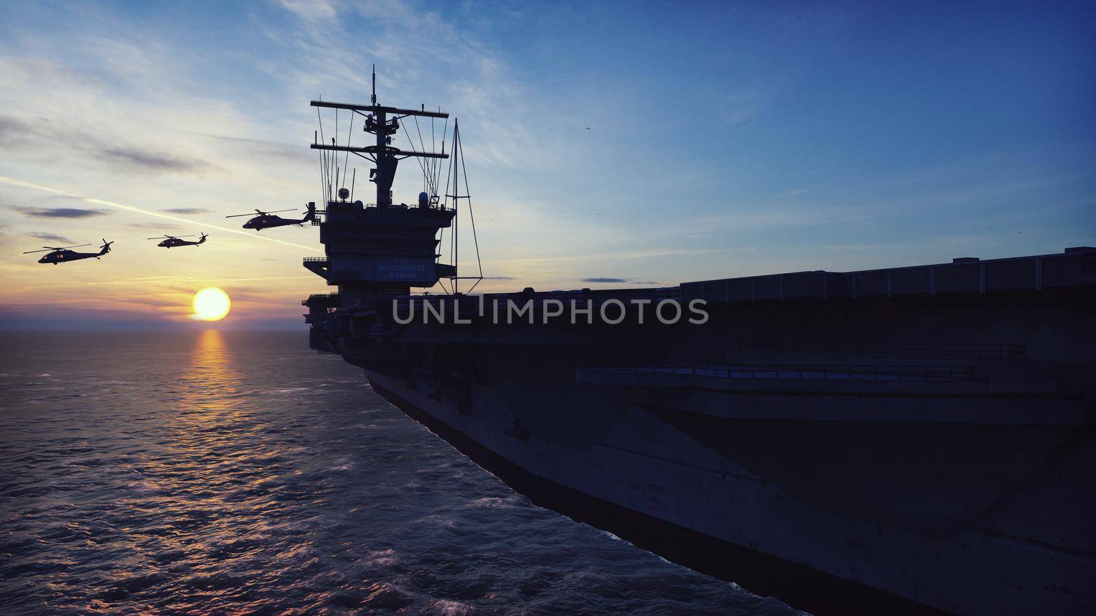 Military helicopters Blackhawk take off from an aircraft carrier at sunrise in the endless sea.