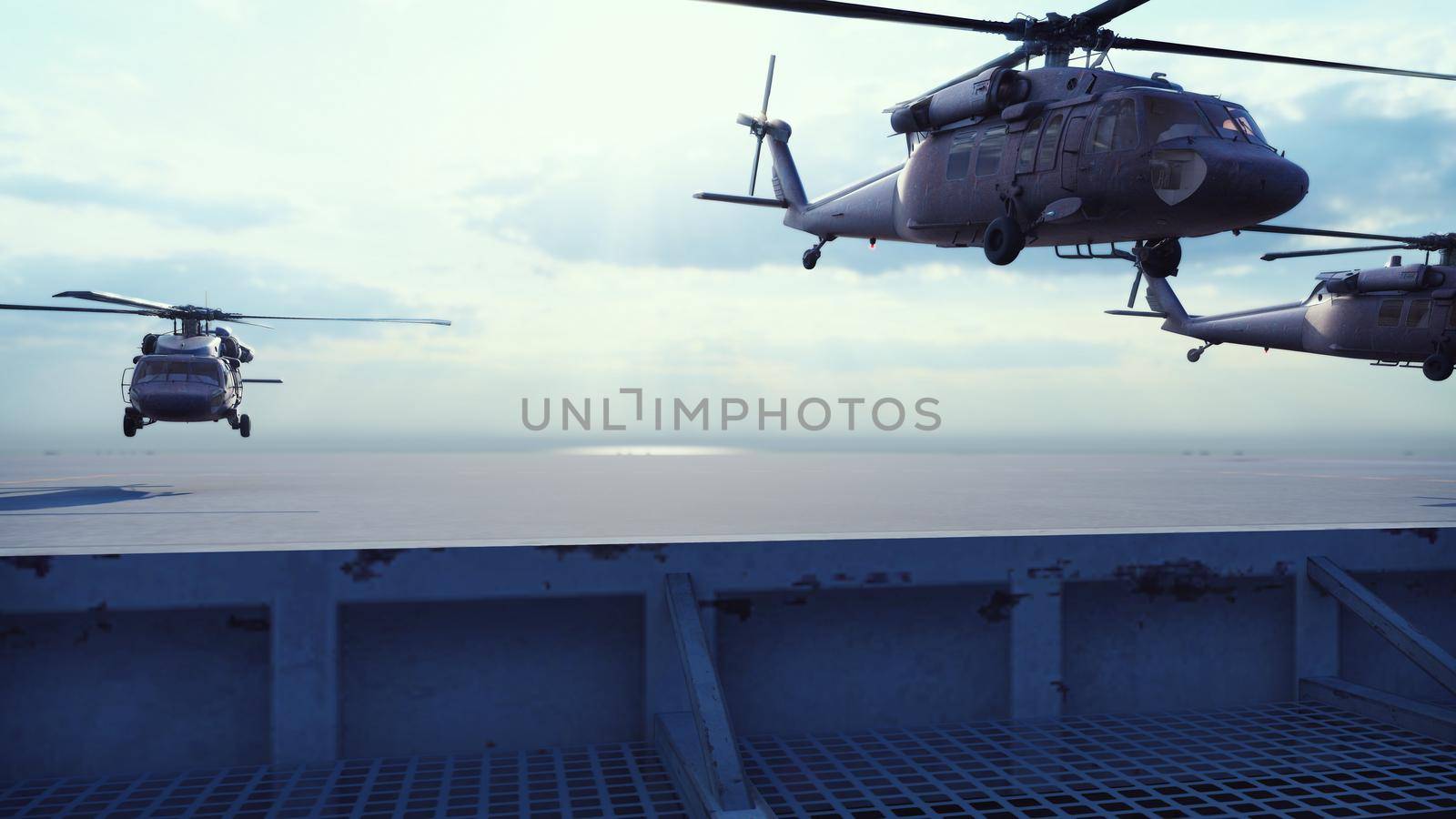 Military helicopters Blackhawk take off from an aircraft carrier at clear day in the endless blue sea. 3D Rendering by designprojects