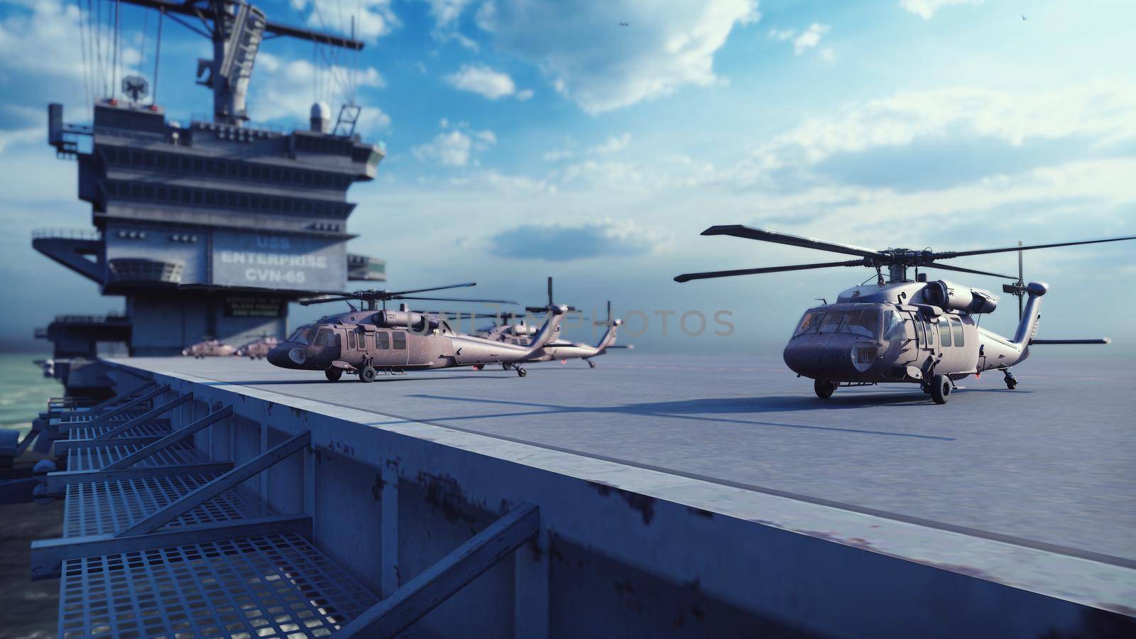 Military helicopters Blackhawk take off from an aircraft carrier at clear day in the endless blue sea. 3D Rendering by designprojects