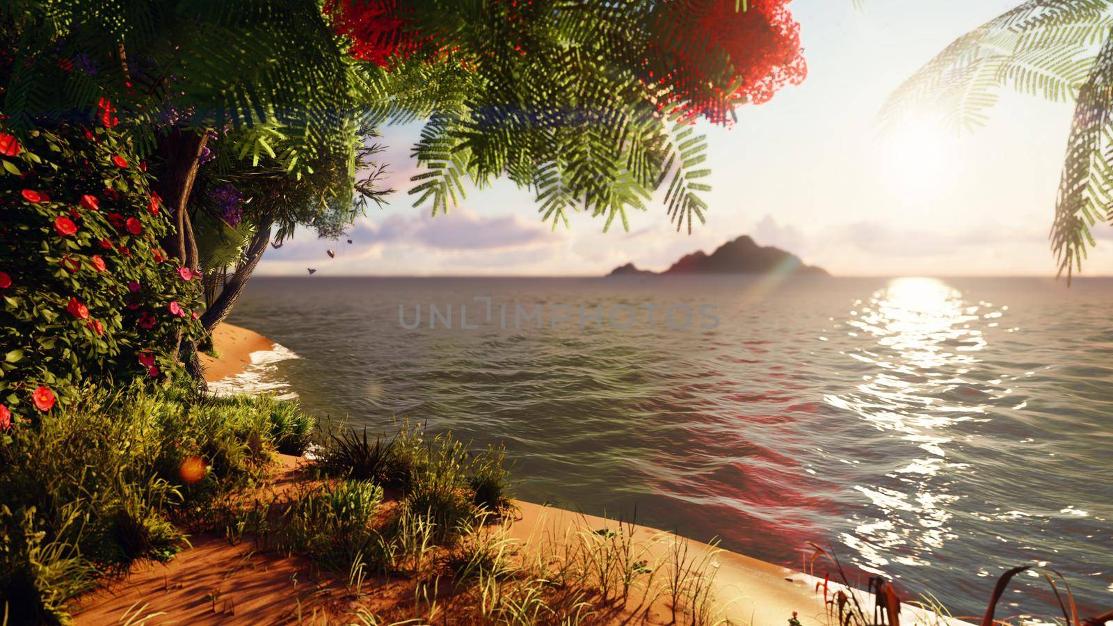 Beautiful trees, grasses, mountains in the distance, a lake with fresh water in the wild jungle of forest vegetation. Travel and adventure, amazing landscape of lost land. 3D Rendering by designprojects