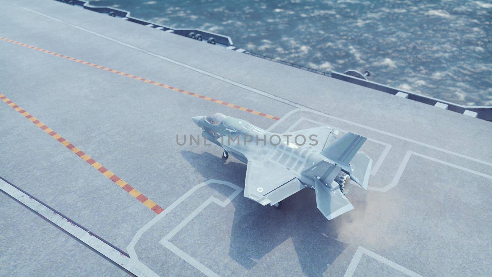 F-35 fighter takes off vertically from the aircraft carrier. 3D Rendering by designprojects