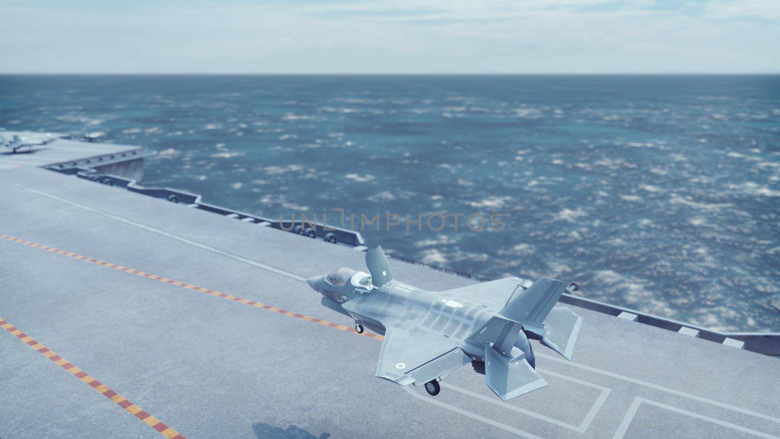 F-35 fighter takes off vertically from the aircraft carrier. 3D Rendering by designprojects