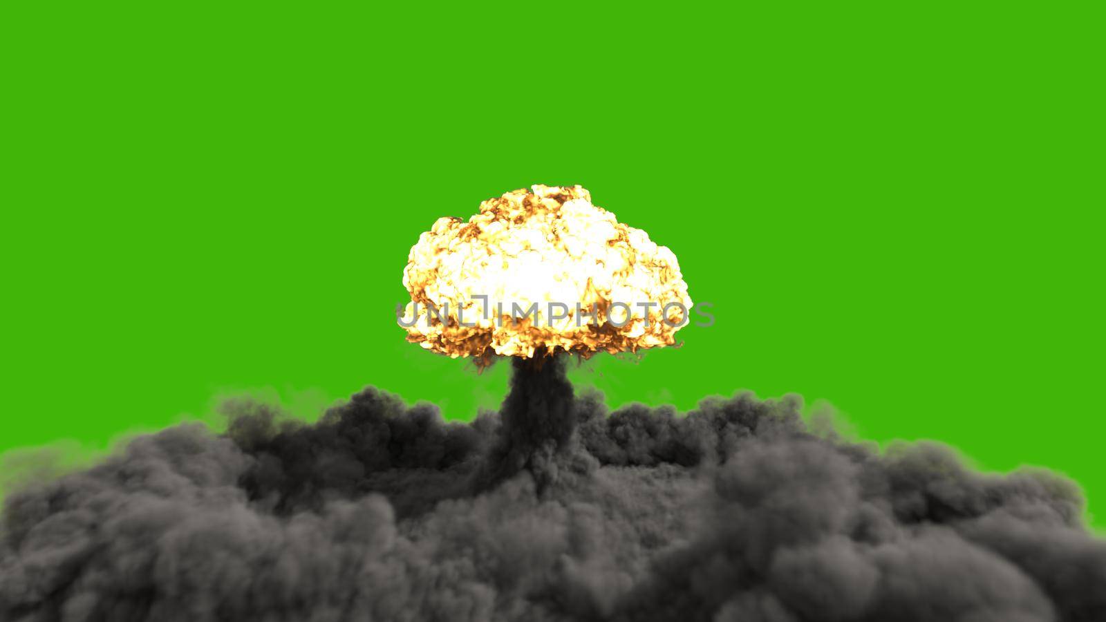 The explosion of a nuclear bomb. Realistic 3D of atomic bomb explosion with fire, smoke and mushroom cloud in front of a green screen. 3D Rendering by designprojects