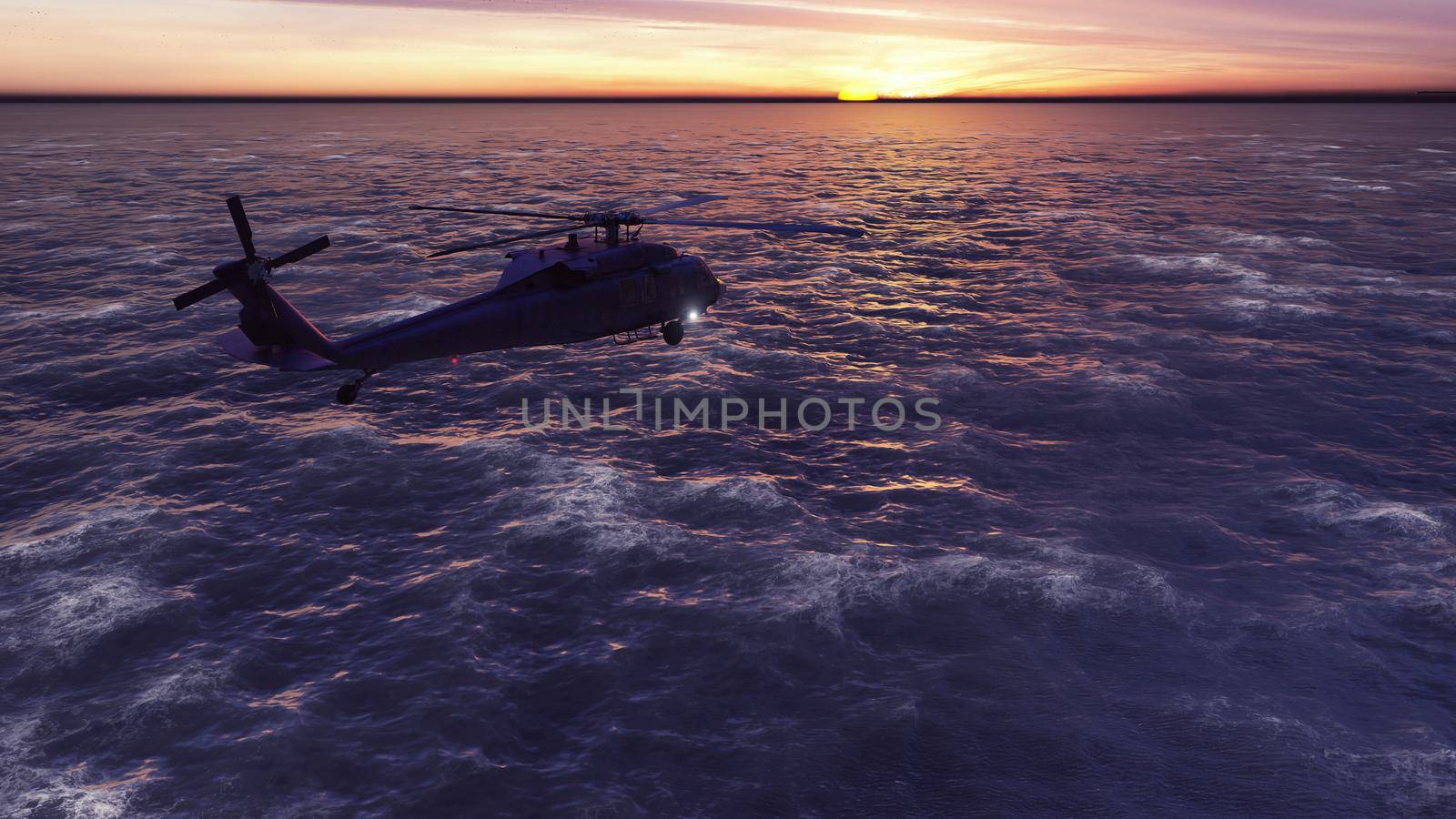 Black hawk military helicopters fly at dawn across the boundless sea.