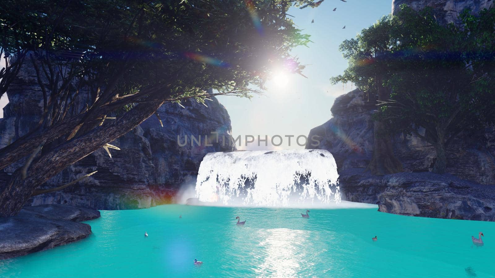 Beautiful waterfall, trees, rocks and a mountain lake with fresh water with fish and birds. Travel and adventure, amazing landscape of the lost land. 3D Rendering by designprojects