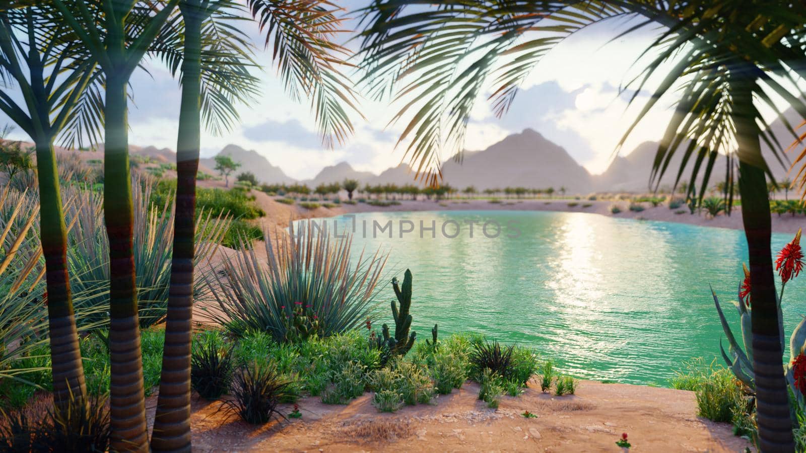 An amazing fantasy oasis in the desert. Clear day. Distant mountains, sand dunes, palm trees and a sultry sky with clouds. 3D Rendering by designprojects