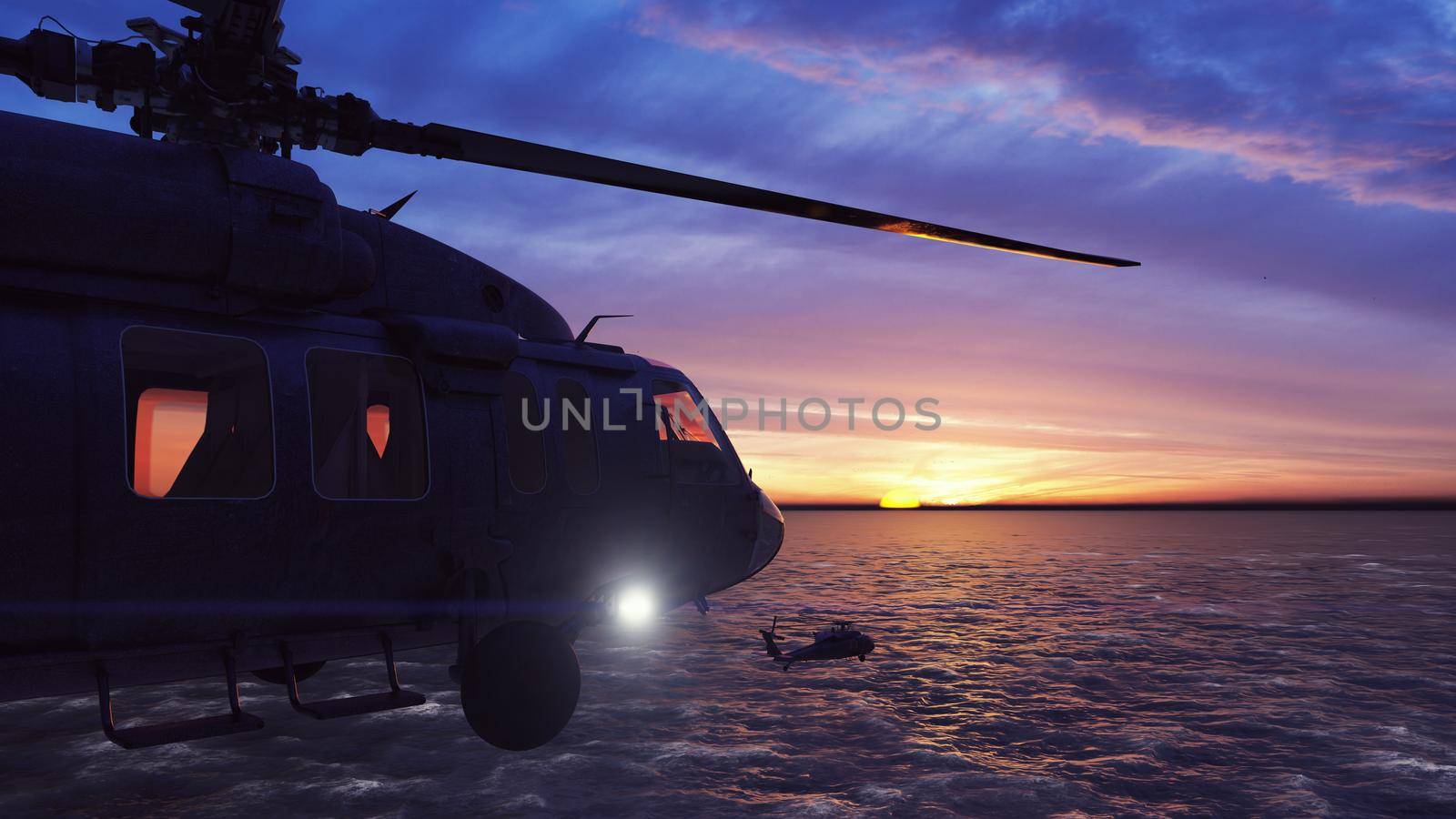 Black hawk military helicopters fly at dawn across the boundless sea.