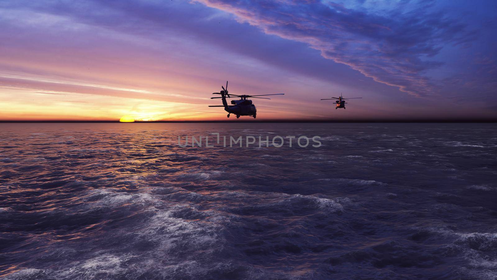 Black hawk military helicopters fly at dawn across the boundless sea.