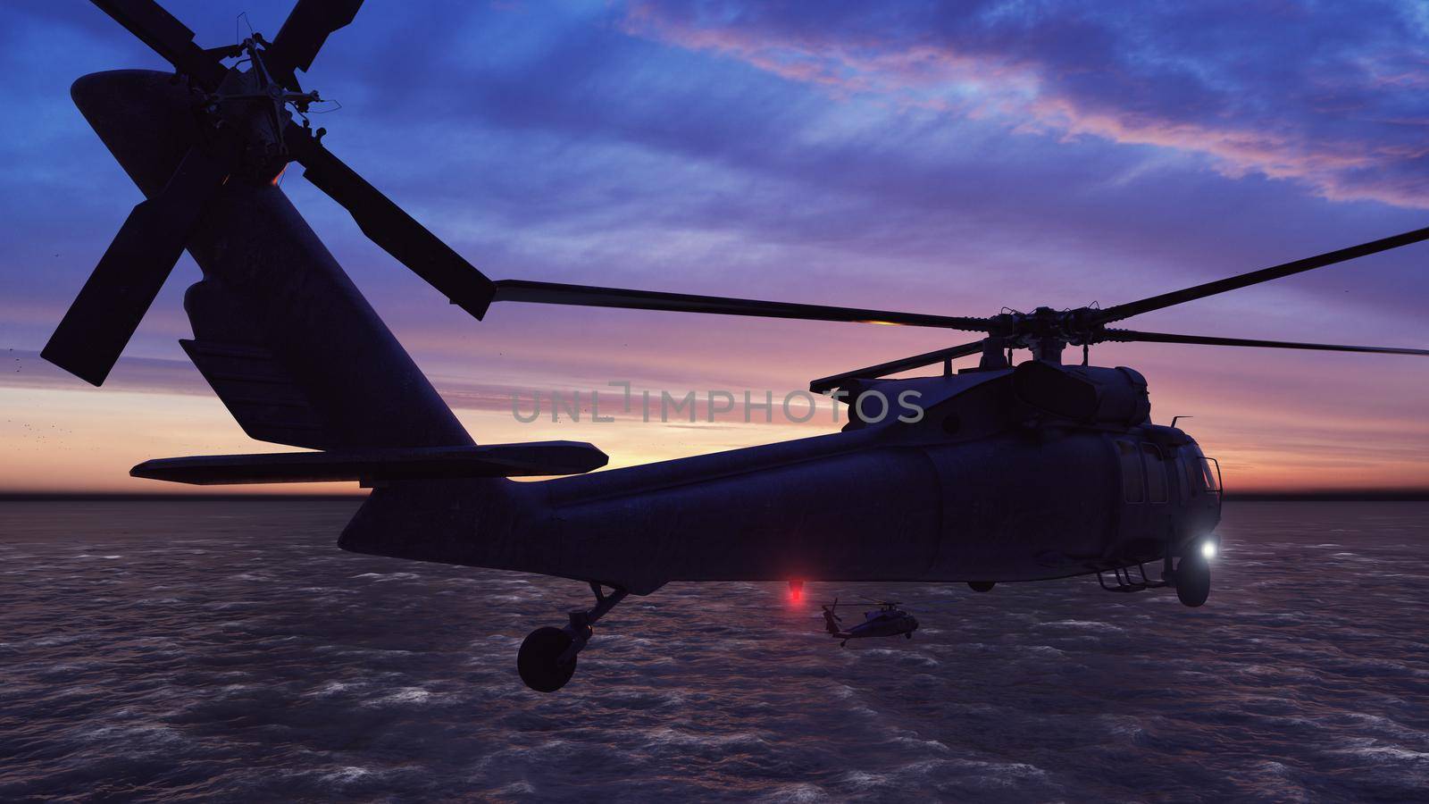 Black hawk military helicopters fly at dawn across the boundless sea.