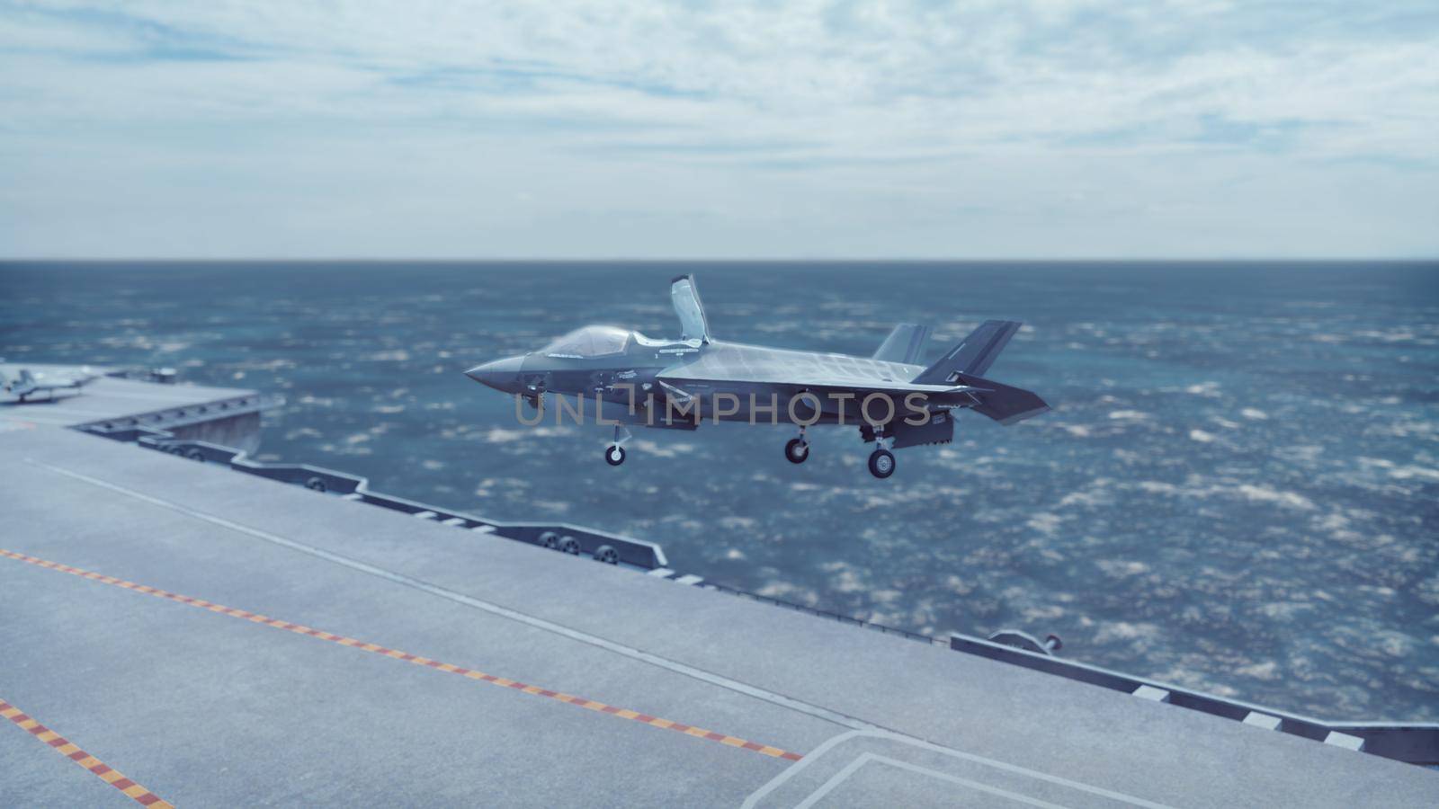 F-35 fighter takes off vertically from the aircraft carrier. 3D Rendering by designprojects