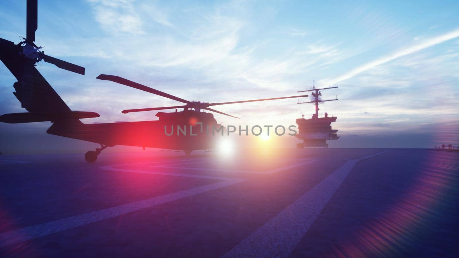 Military helicopter Blackhawk takes off from an aircraft carrier in the morning in the endless blue ocean. 3D Rendering by designprojects