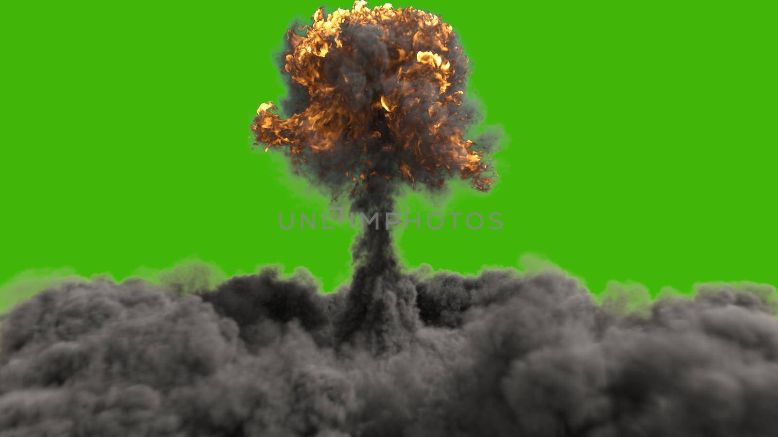 The explosion of a nuclear bomb. Realistic 3D of atomic bomb explosion with fire, smoke and mushroom cloud in front of a green screen. 3D Rendering by designprojects