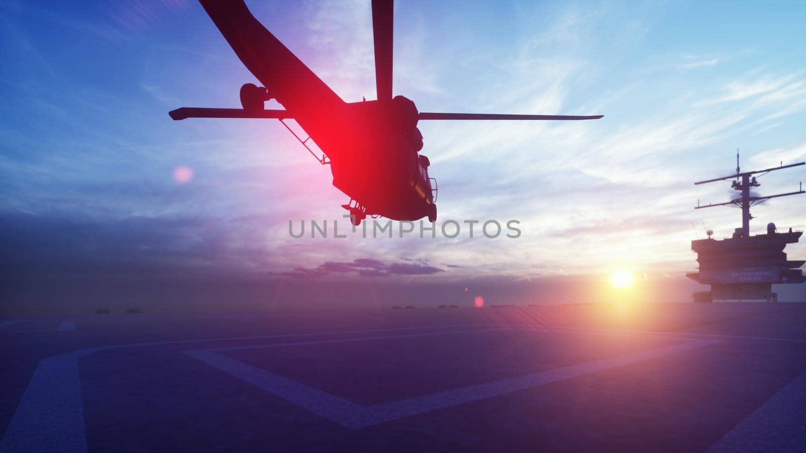 Military helicopter Blackhawk takes off from an aircraft carrier in the morning in the endless blue ocean. 3D Rendering by designprojects