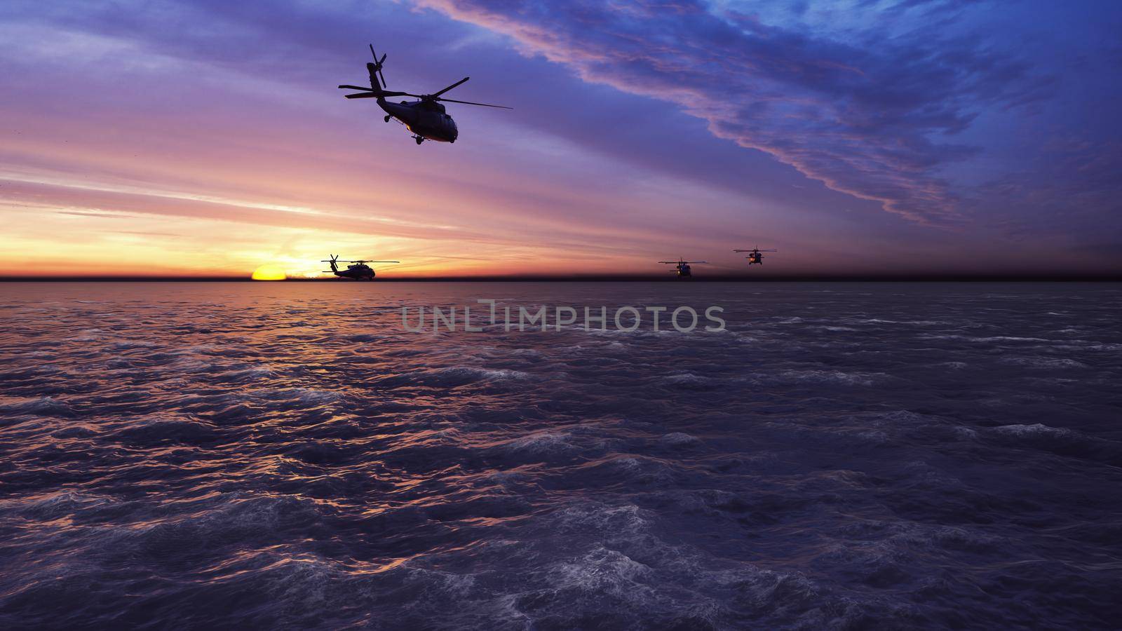 Black hawk military helicopters fly at dawn across the boundless sea.