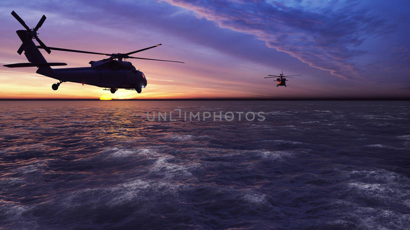 Black hawk military helicopters fly at sunrise across the boundless sea. 3D Rendering by designprojects