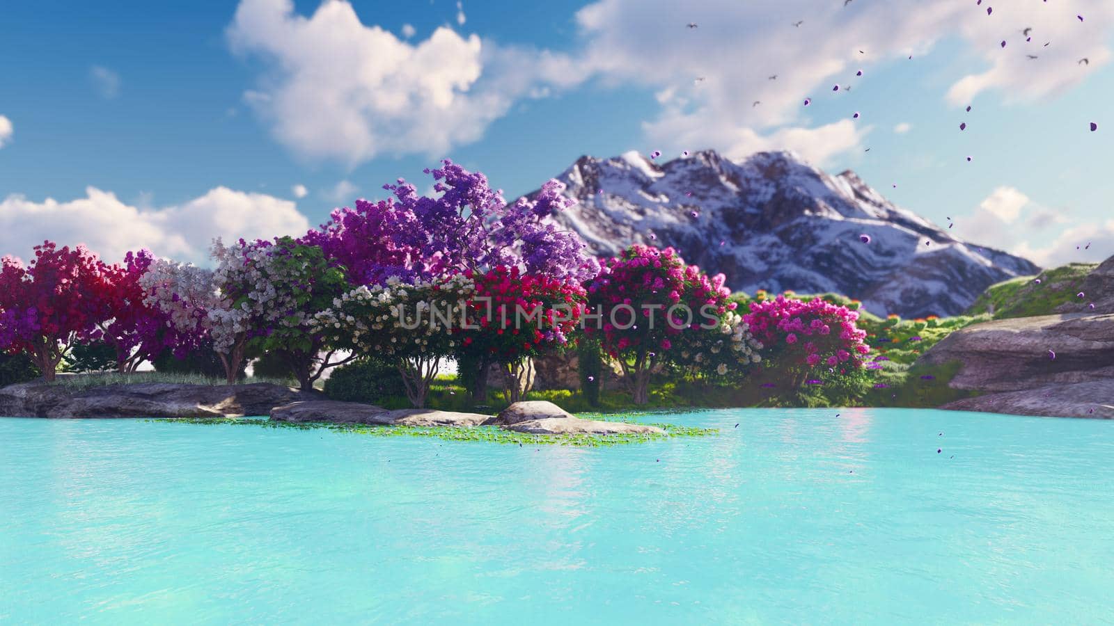 Sakura blooming in spring against the backdrop of mountains and lakes. Travel and adventure, amazing landscape of lost land. 3D Rendering by designprojects