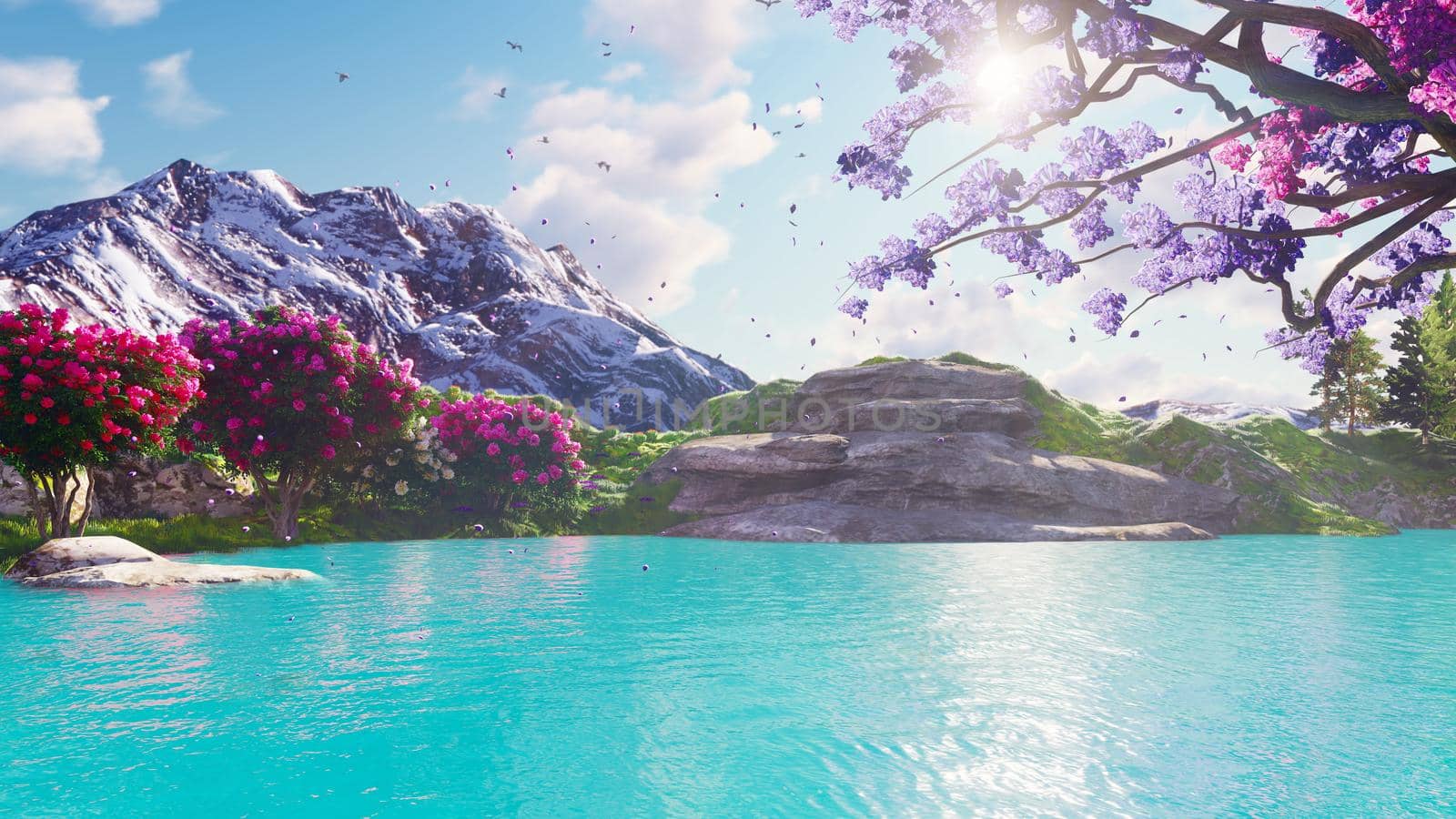 Sakura blooming in spring against the backdrop of mountains and lakes. Travel and adventure, amazing landscape of lost land. 3D Rendering by designprojects