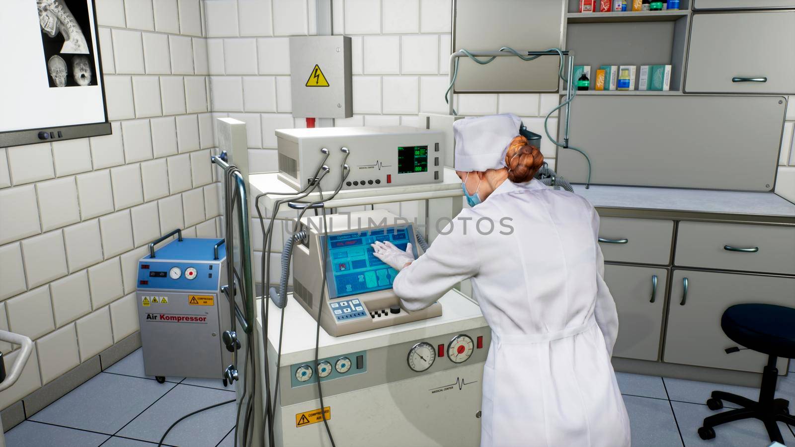 A female medical scientist works with a touchscreen computer in a medical lab.