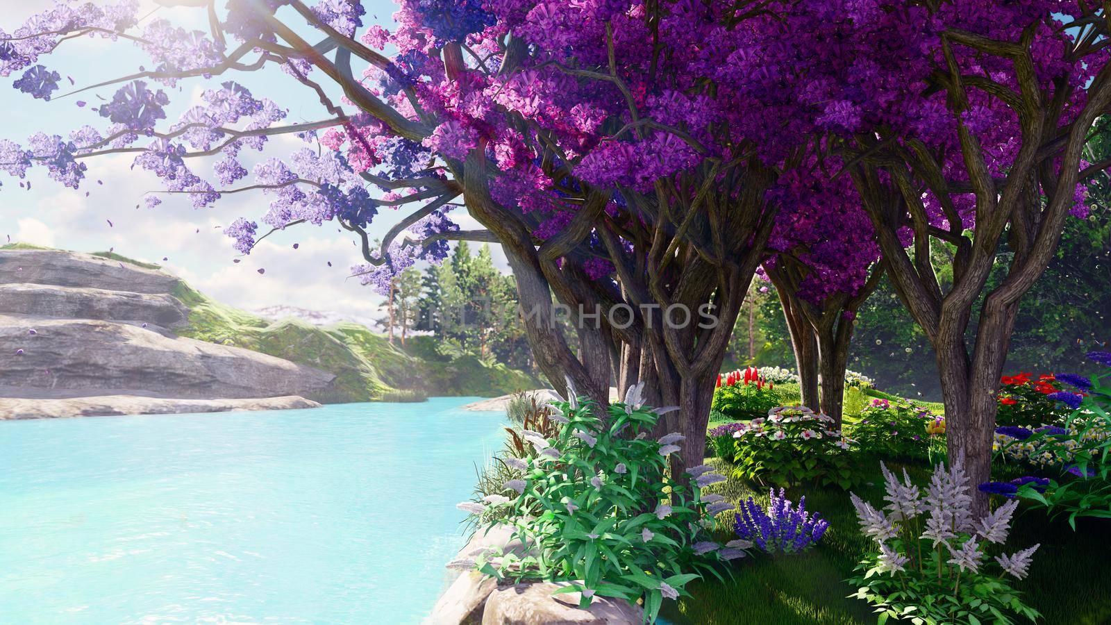 Sakura blooming in spring against the backdrop of mountains and lakes. Travel and adventure, amazing landscape of lost land. 3D Rendering by designprojects