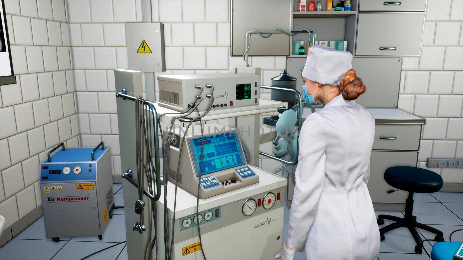 A female medical scientist works with a touchscreen computer in a medical lab. 3D Rendering by designprojects