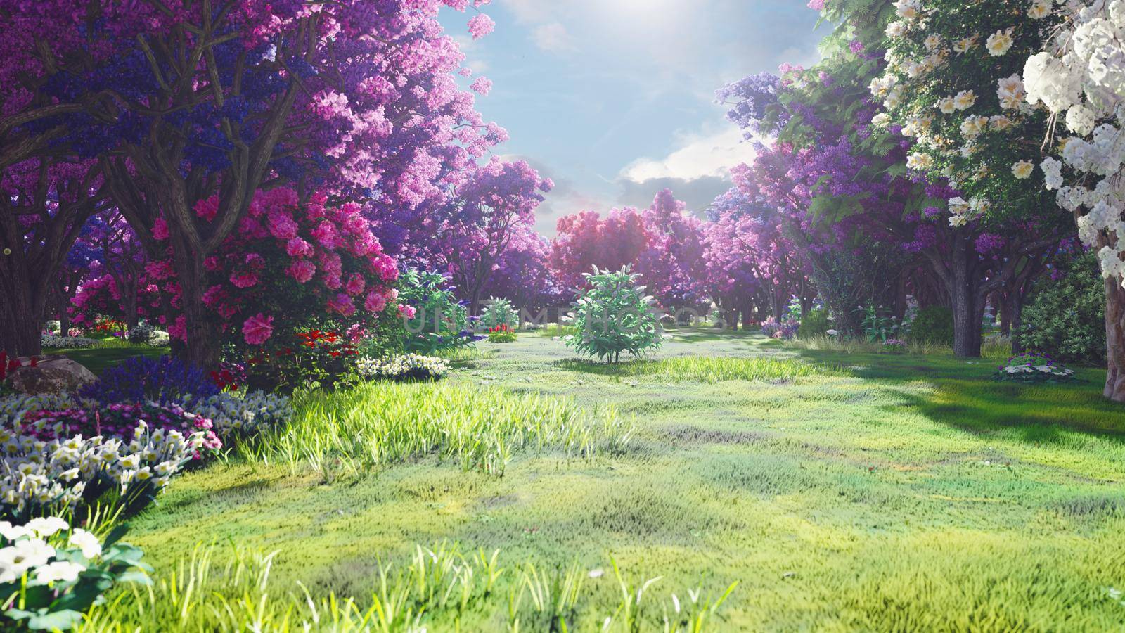 Forest crowns of fairy trees with bright sunlight, flying dandelions and butterflies. Magic forest at sunrise. 3D Rendering by designprojects