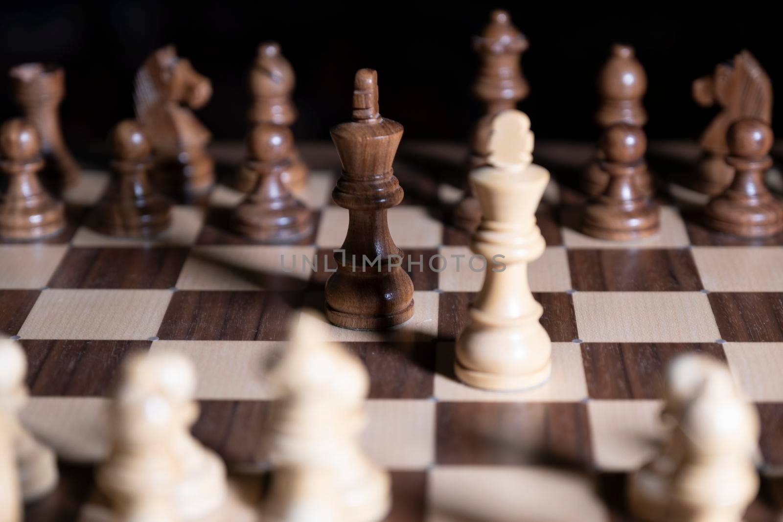 Chess game. White and black pieces are fighting for victory. The Central figure is in focus. by designprojects