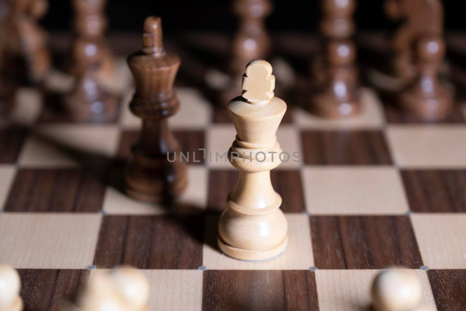 Chess game. White and black pieces are fighting for victory. The Central figure is in focus. by designprojects