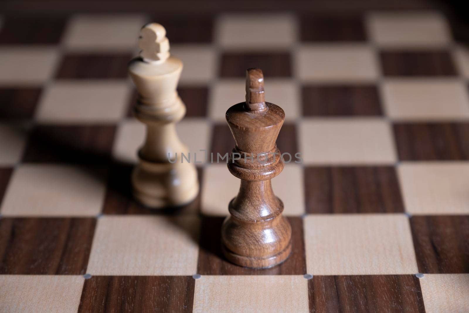 Chess game. White and black pieces are fighting for victory. The Central figure is in focus. The concept of teamwork.