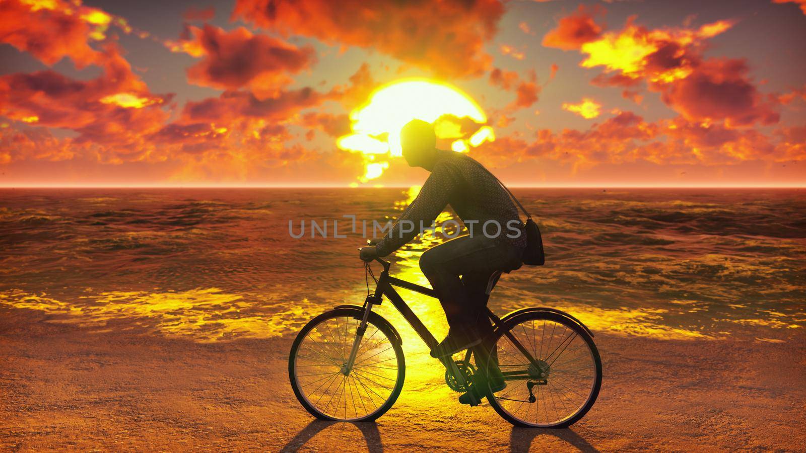  Silhouette of man with bicycle on the seashore. Man on a bicycle on the beach against the ocean, the sky, during sunset. Lifestyle Concept. Beautiful summer background. 3D Rendering