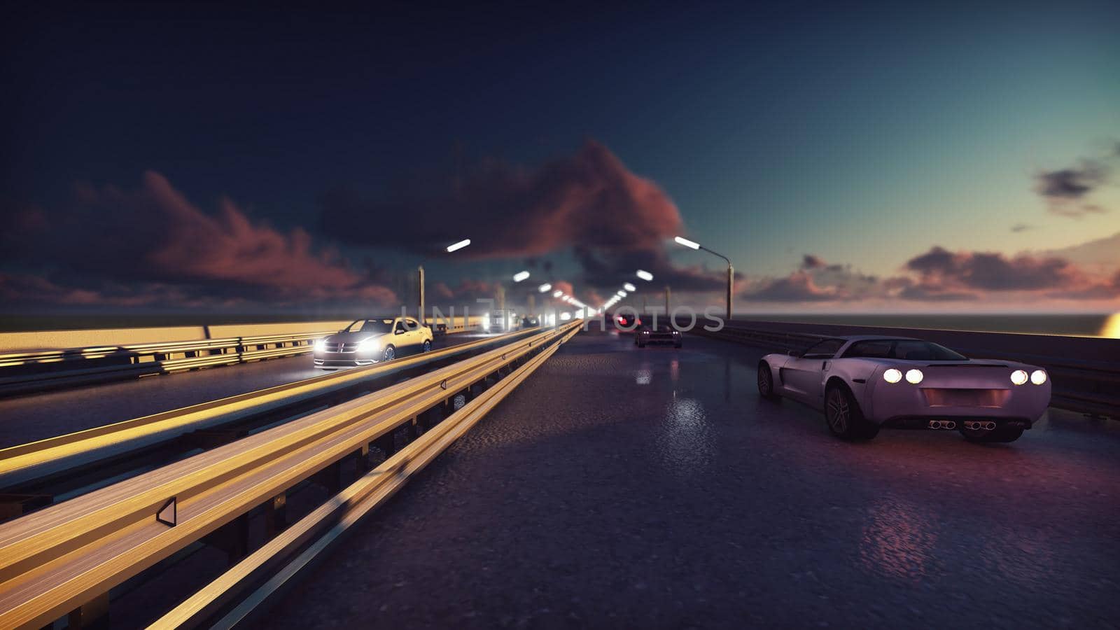 Night lights of the cars and background traffic. Cars with lights on go on the bridge at sunrise. 3D Rendering by designprojects