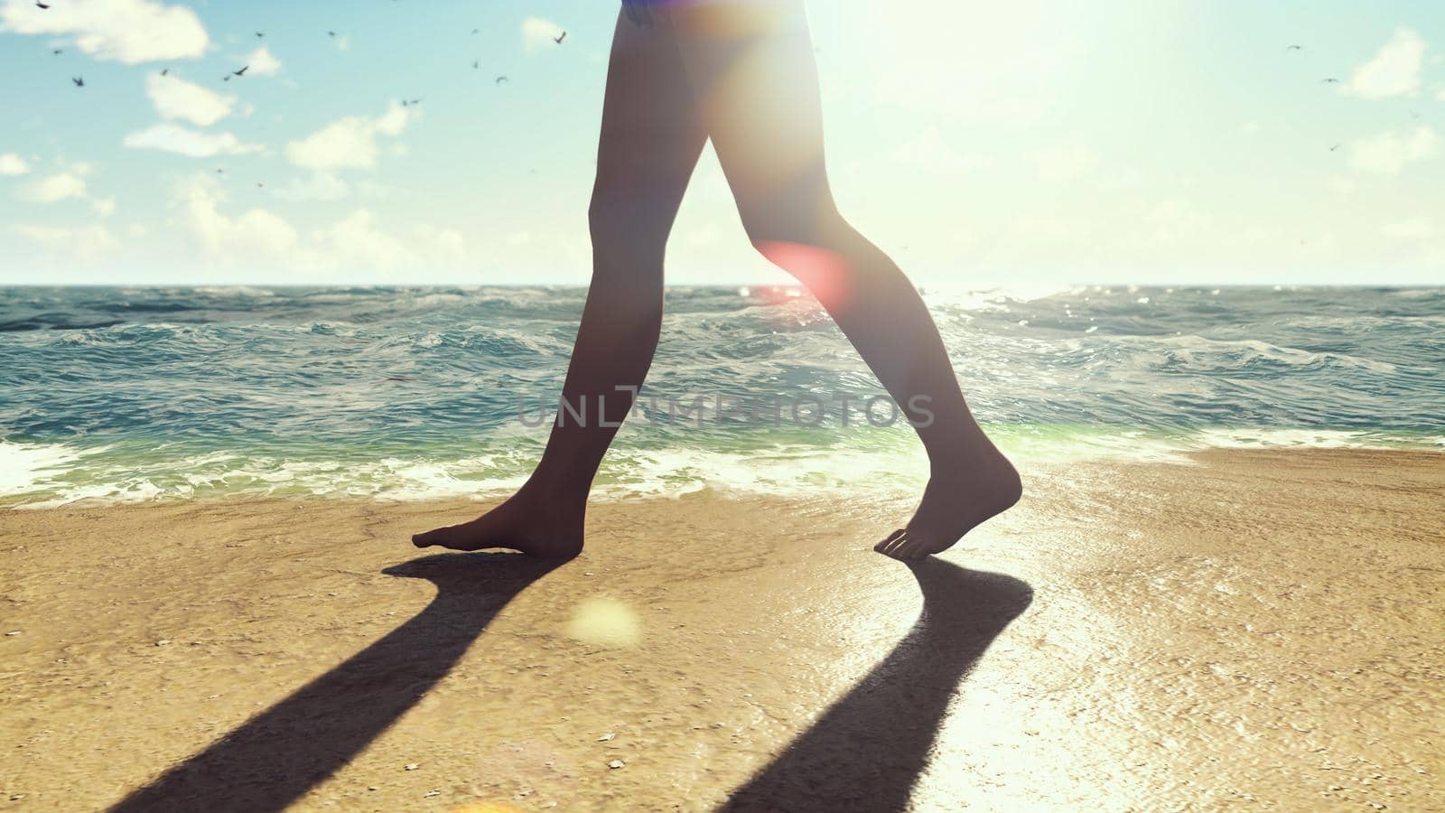Beautiful scene of a woman walking on a beach on a tropical island. 3D Rendering by designprojects