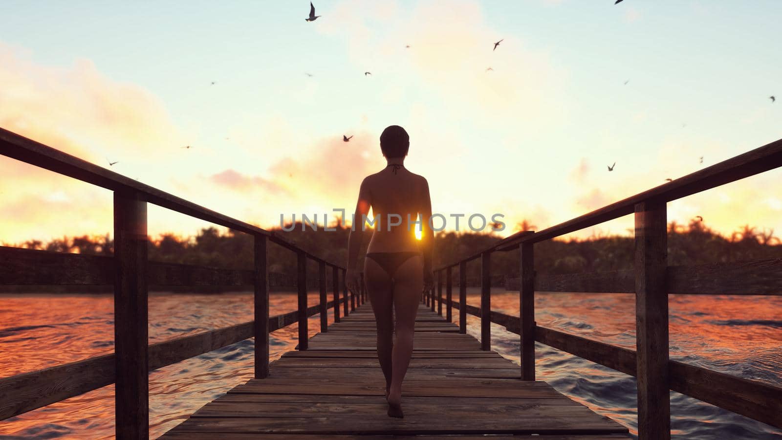  Beautiful scene of a woman walking on a wooden bridge to a tropical island across the ocean at sunset