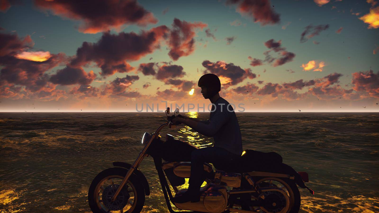  Motorcyclist on a motorbike on the beach against the ocean, the sky, during sunset. Lifestyle Concept.