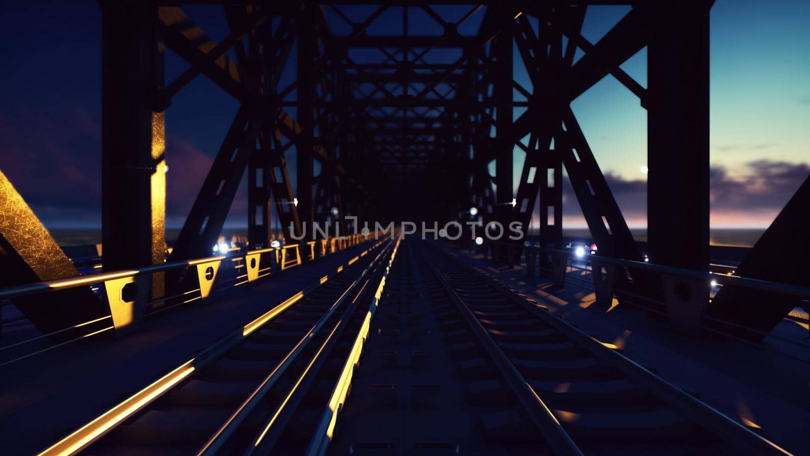 Railway bridge with Night cars lights on a sunset against the blue sky and the sea. 3D Rendering by designprojects
