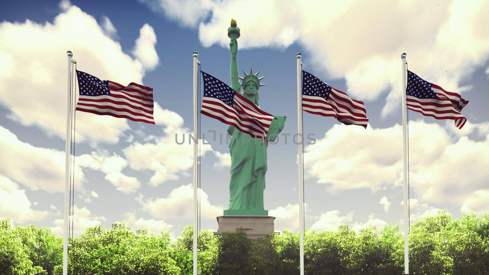 The American flags flutters in the wind on a Sunny day against the blue sky and the Statue of Liberty. 3D Rendering by designprojects