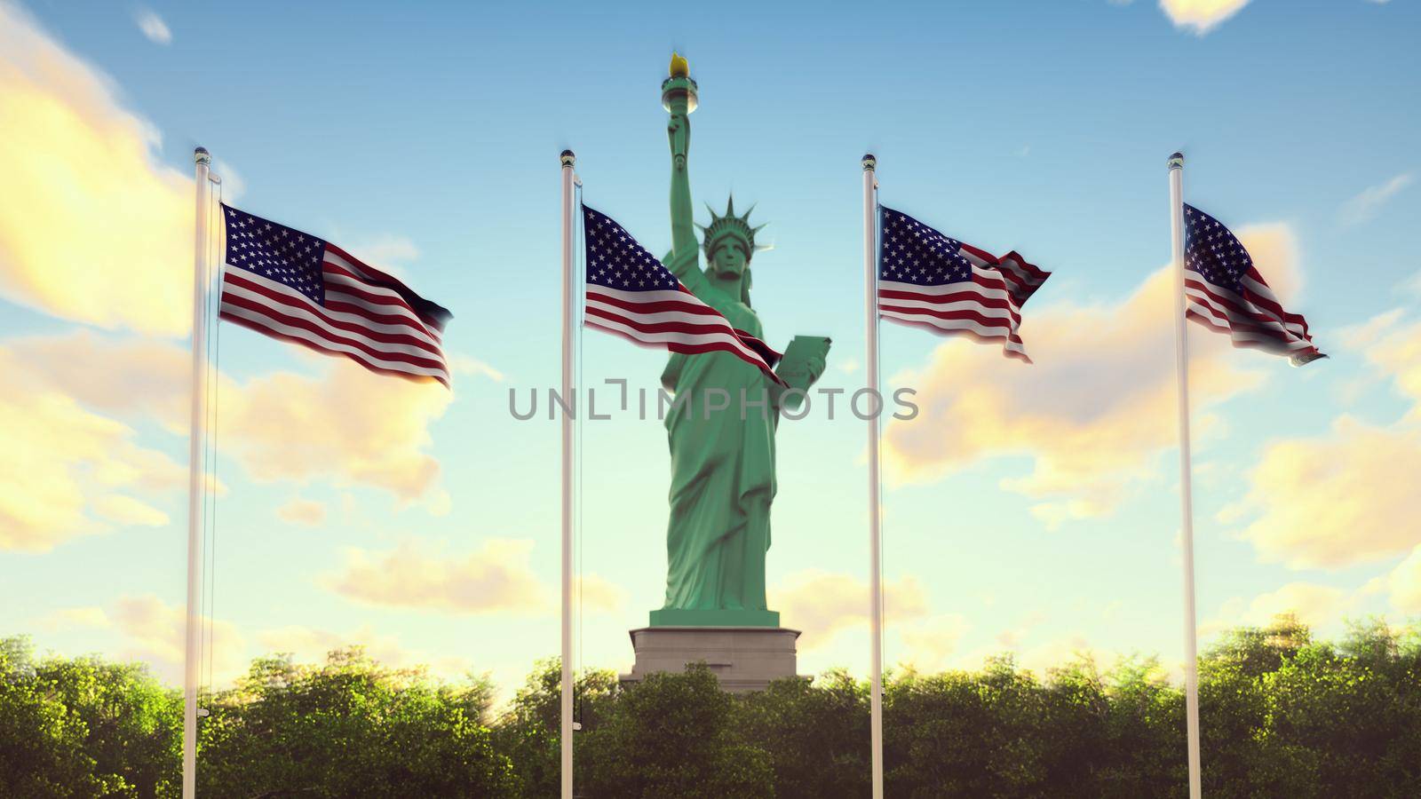 The American flags flutters in the wind on a sunrise against the blue sky and the Statue of Liberty. 3D Rendering by designprojects