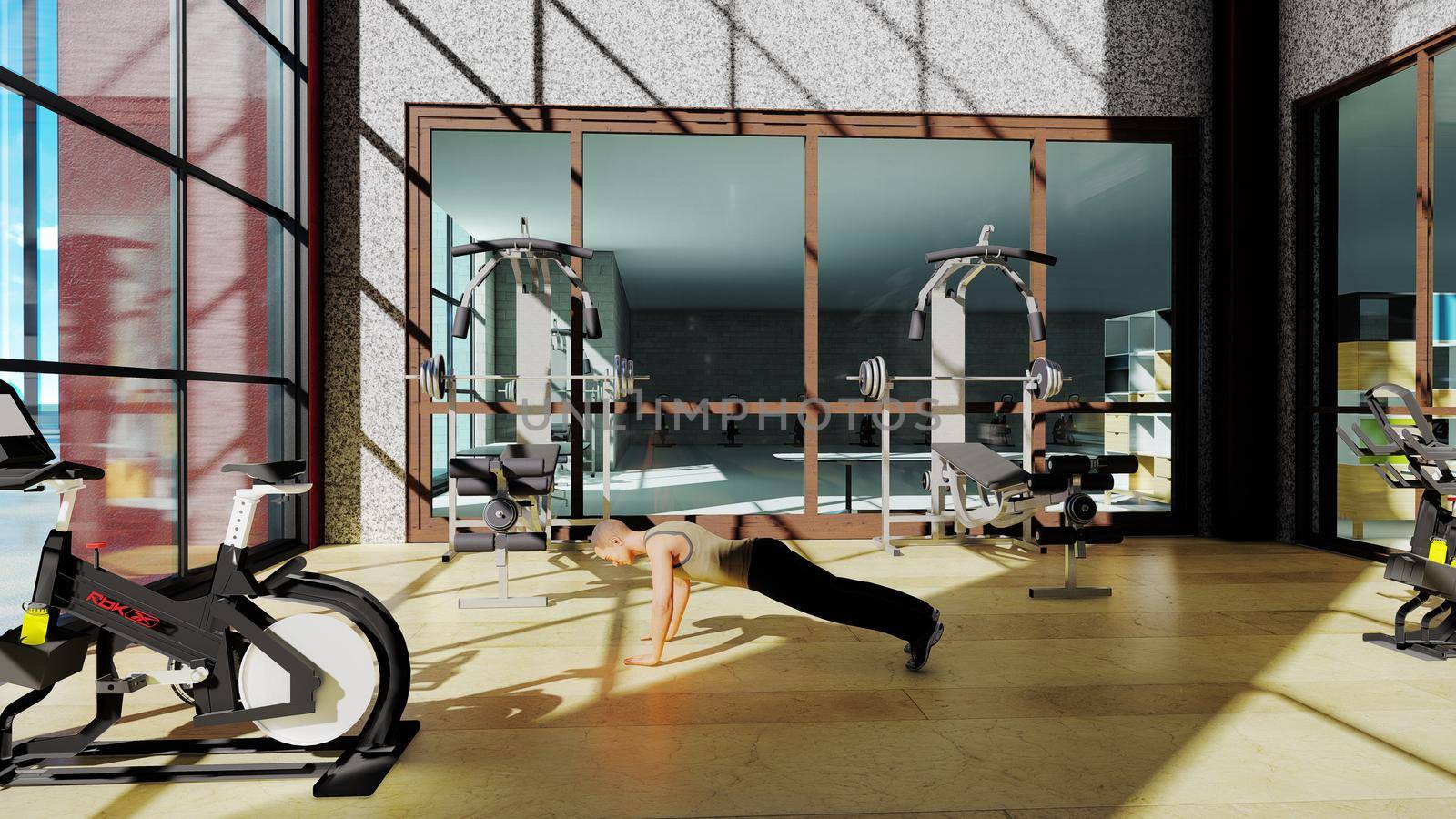 Gym with a variety of exercise equipment and a sportsman doing sports