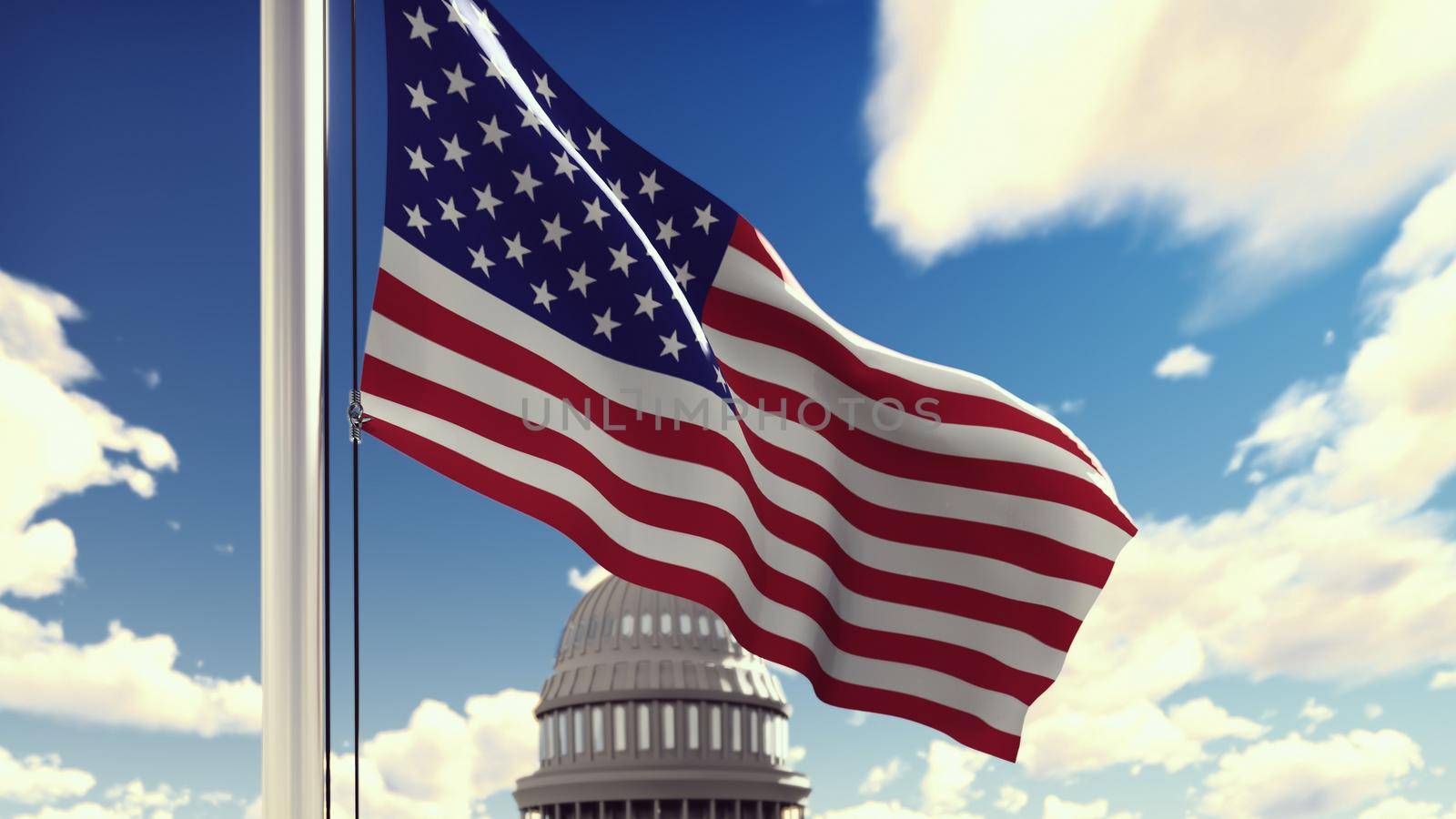 The American flag flutters in the wind on a Sunny day against the blue sky and the Capitol. 3D Rendering by designprojects