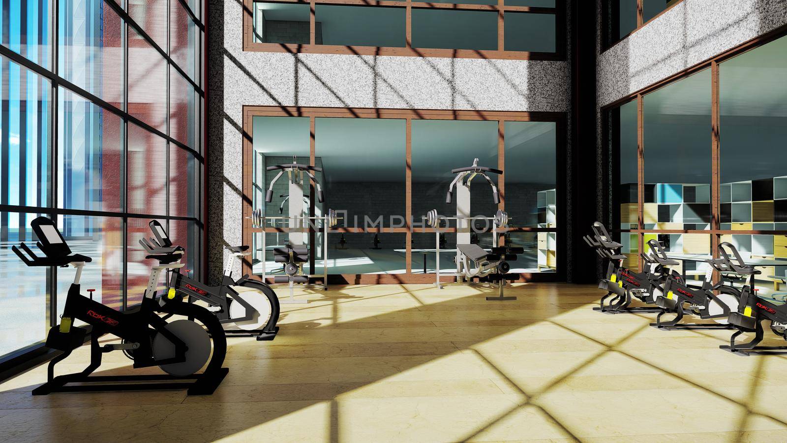 Gym with various exercise machines in it and people walking on treadmill. 3D Rendering by designprojects