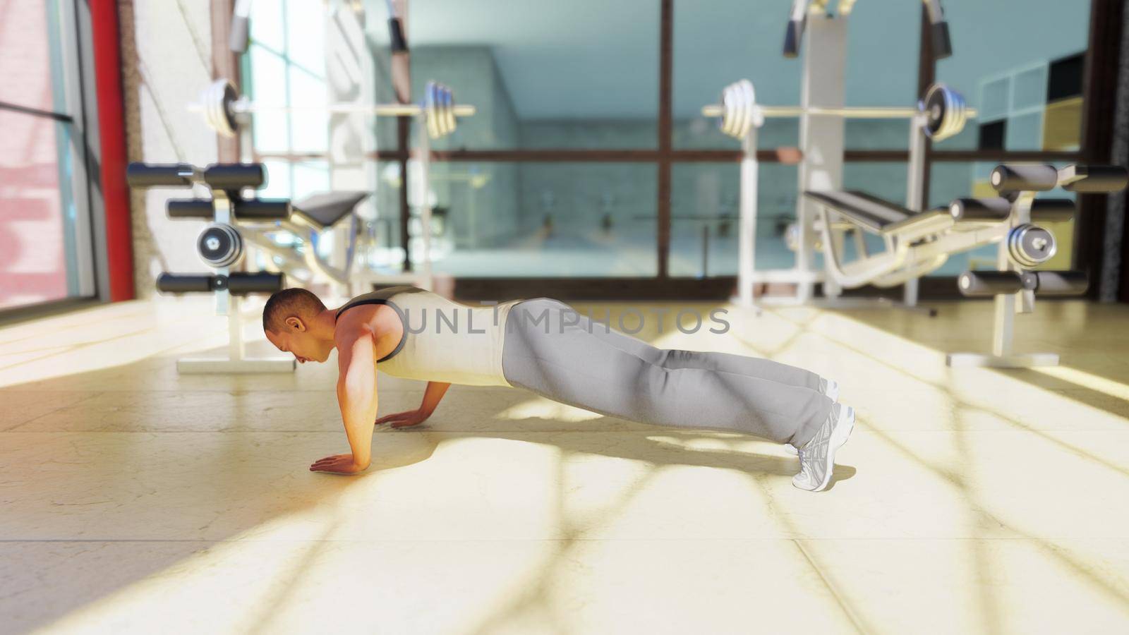 Gym with a variety of exercise equipment and a sportsman doing sports. 3D Rendering by designprojects